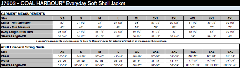 Coal Harbour Jacket Sizing Chart